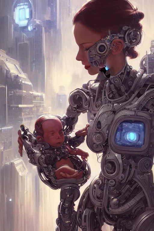 Image similar to Ultra realistic illustration, robot woman carrying a baby (baby with eyes closed), cyberpunk, sci-fi, fantasy, intricate, elegant, highly detailed, digital painting, artstation, concept art, smooth, sharp focus, illustration, art by artgerm and greg rutkowski and alphonse mucha