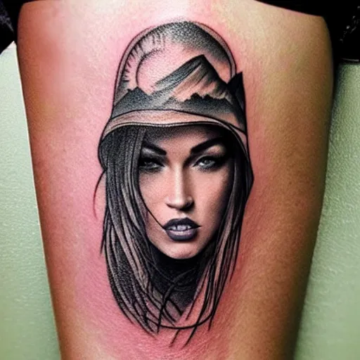 Image similar to tattoo design sketch of megan fox mash up effect with beautiful mountain scenery, in the style of matteo pasqualin, amazing detail