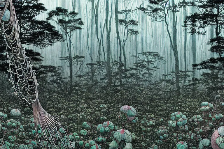 Prompt: lots of glass details, a lot of exotic vegetation, trees, flowers, dull colors, in the foggy huge forest covered with web and cotton, by moebius, junji ito, hyperrealism, intricate detailed, risograph