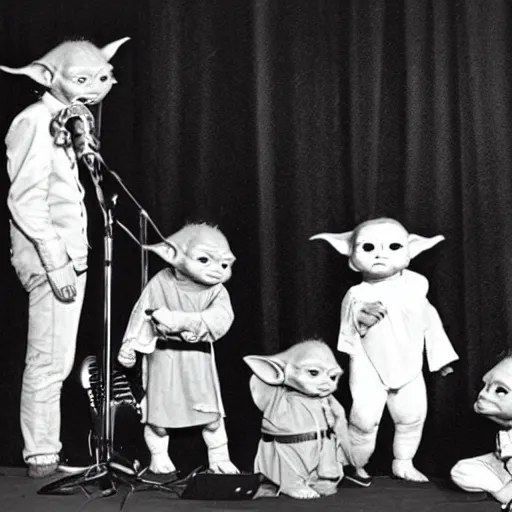 Image similar to baby yoda's musical performance at woodstock