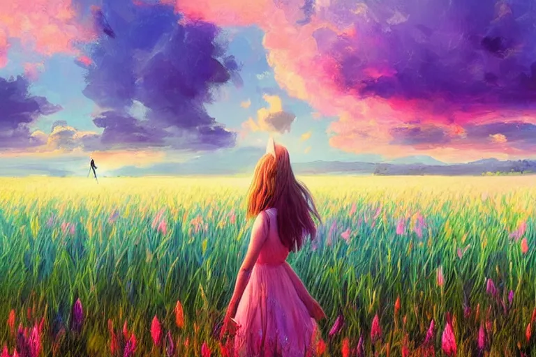 Image similar to giant gladiola head, girl walking in field of flowers, surreal photography, sunrise, blue sky, dramatic light, impressionist painting, digital painting, artstation, simon stalenhag