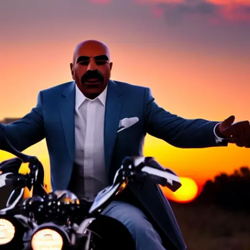 Prompt: steve harvey riding a motorcycle during a sunset