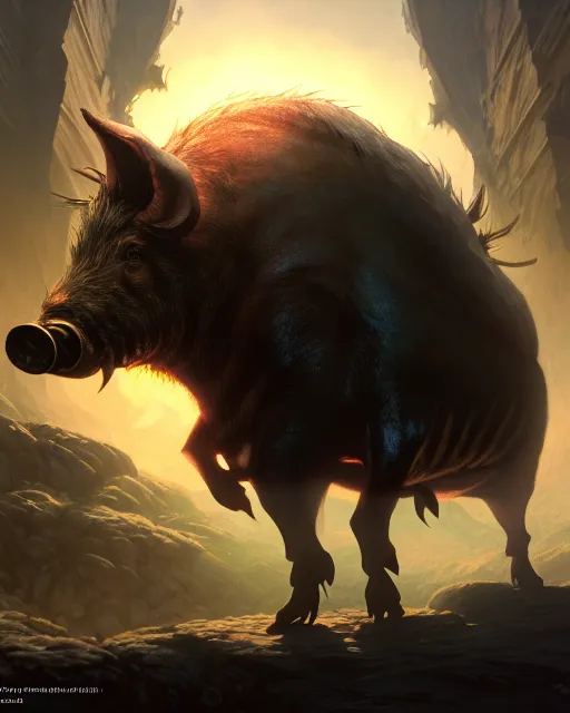 Image similar to Giant Boar looking at mouse, medium shot, fear, D&D, artstation, fantasy, magic the gathering artwork, cinematic lighting, centered, symmetrical, highly detailed, digital painting, , concept art, smooth, sharp focus, illustration, volumetric lighting, epic Composition, 8k, art by Akihiko Yoshida and Greg Rutkowski and Craig Mullins, oil painting, cgsociety