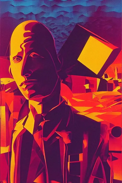 Image similar to fisheye, a silhouette of a man lost in tensor fields, madness, decoherence, synthwave, glitch!!, fracture, realistic, hyperdetailed, concept art, golden hour, art by syd mead, cubism