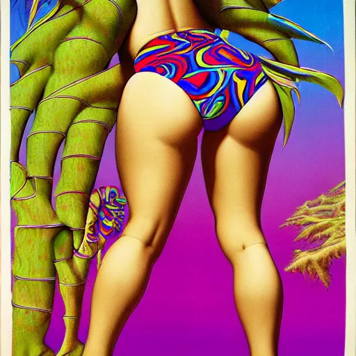 Image similar to big posterior of beautiful plump woman with a big rump by roger dean white cotton bikini psychedelic illusionary art psychedelic trippy gorgeous beautiful