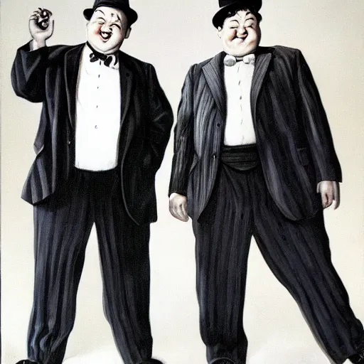 Image similar to Laurel and Hardy in hats are standing, looking into the distance. the man in the centre is facing the front, looking downwards at his stomach by Frank Kelly Freas