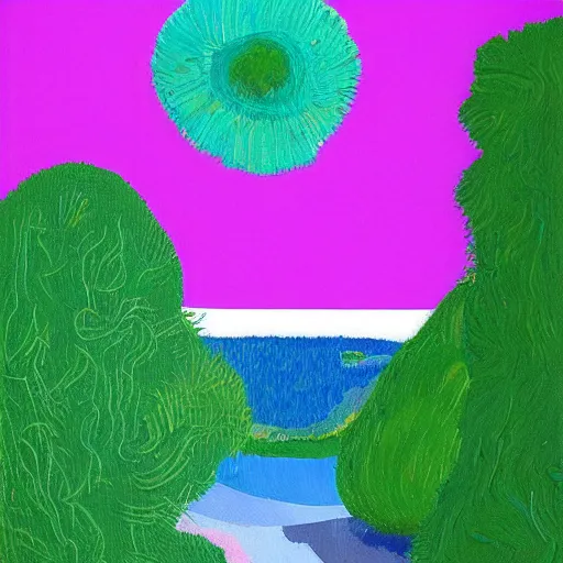 Image similar to rough acrylic painting of a lush natural scene on an alien planet by david hockney. beautiful landscape. weird vegetation. cliffs and water.
