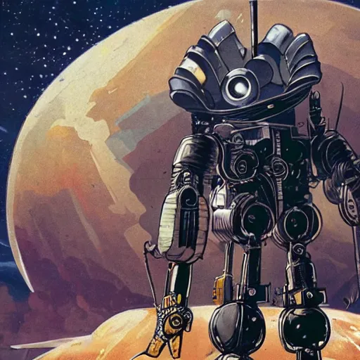 Image similar to a robot hunter from bloodborne on a space station, retrofuturism, for 1 9 7 0 s'sci - fi, by malcolm smith