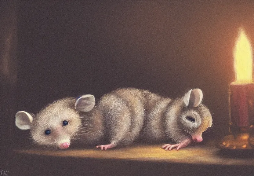 Image similar to cute possum in its pajamas sleeping in a bed in a medieval cluttered cottage at night under the dim light of a candle, dark fantasy, dreaming illusion, trending on artstation