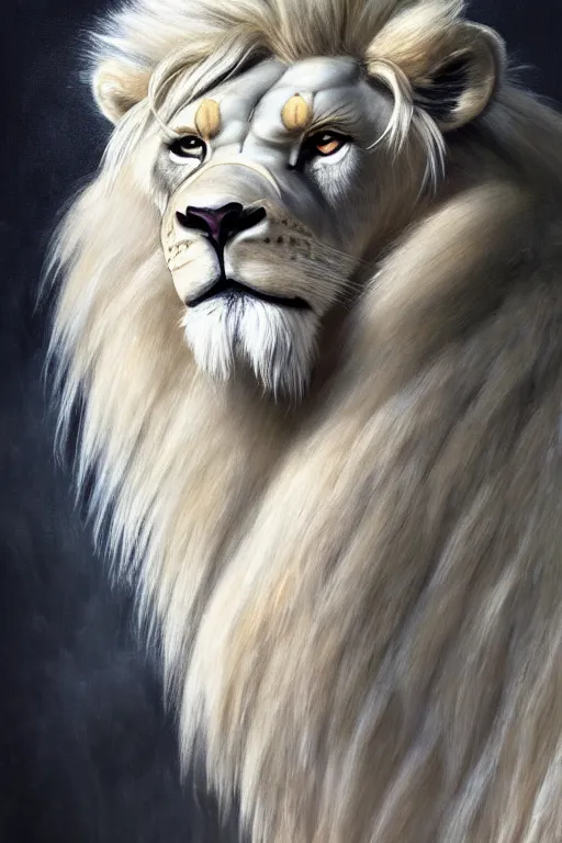 Prompt: painted portrait of rugged anthro furry albino lion as a god of thunder, greek god, white fur, masculine, powerful, handsome, upper body, white robe, muscular, hairy torso, fantasy, intricate, elegant, highly detailed, digital painting, artstation, concept art, smooth, sharp focus, illustration, art by gaston bussiere and magali villeneuve