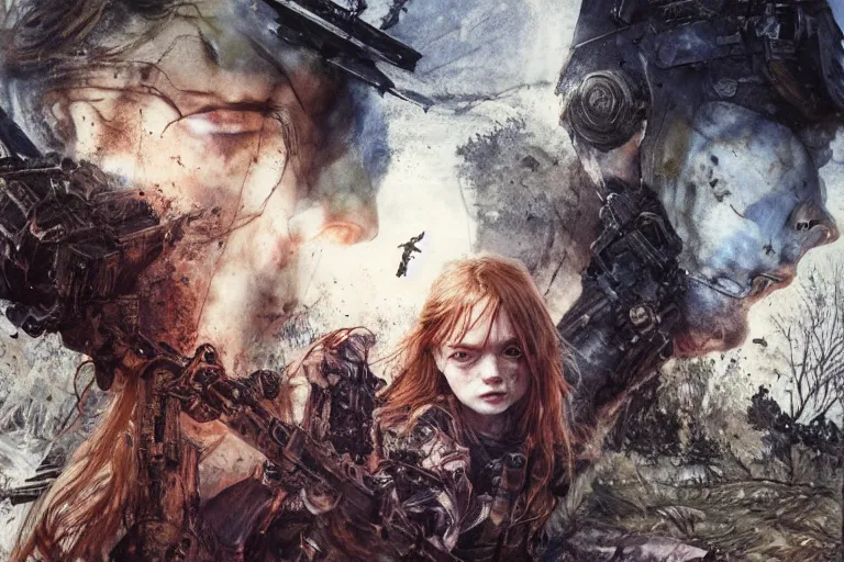 Image similar to sadie sink runs fast. cyborg behind. dirt, fantasy, soviet dystopian art by ayami kojima, vasnetsov, cedric peyravernay