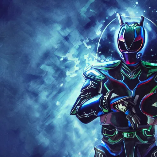 Image similar to High Fantasy Kamen Rider, glowing eyes, dark blue segmented armor, moody colors, 8k, forest plains of north yorkshire, daytime, grey rubber undersuit, tokusatsu, illustration