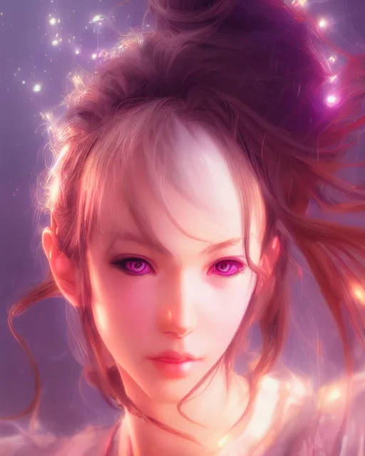 Image similar to portrait of cute girl, beautiful, fantasy, colorful, cinematic lighting, artstation, trending, highly detailed, focus, smooth, by hirohiko araki and yoshitaka amano