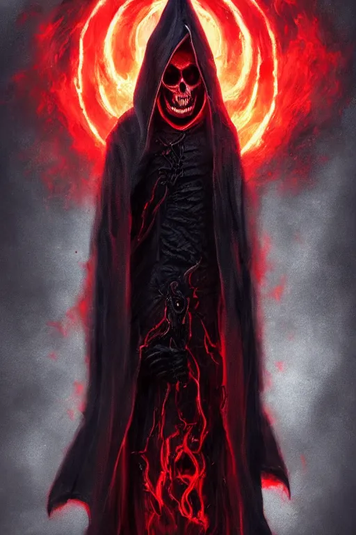 Prompt: A full body portrait of a mysterious character with a skull face with a very long hooded blood red and black cloak, a crown of fire floating above his head tentacles coming out the ground art by James Paick, and Shaddy Safadi, ominous, cosmic horror, trending on artstation, Ultra detailed, hyper realistic 4k