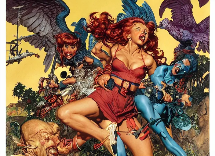 Image similar to harpies attack, dynamic action, by norman rockwell and jesper ejsing and jason fabok and tom lovell and frank schoonover and jack kirby