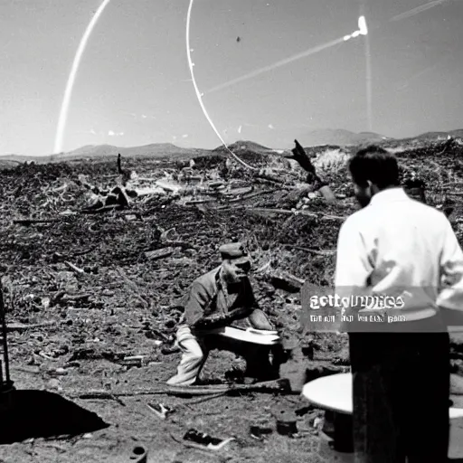 Prompt: news photograph of scientists examining ufo wreckage, black and white, 1950s