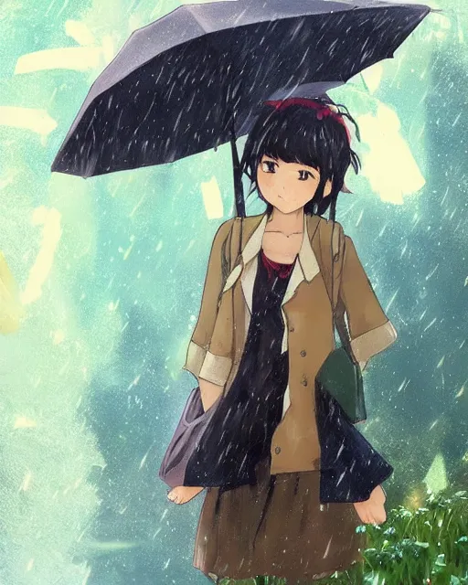 Prompt: anime girl in the rain, By studio Ghibli, by lack, Trending on Artstation, Trending on Pixiv