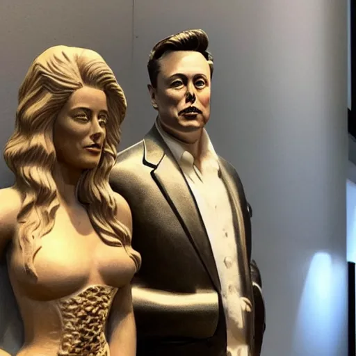 Image similar to “elon musk and amber heard statue made of wood, overlooking a courtroom, highly detailed, intricate”