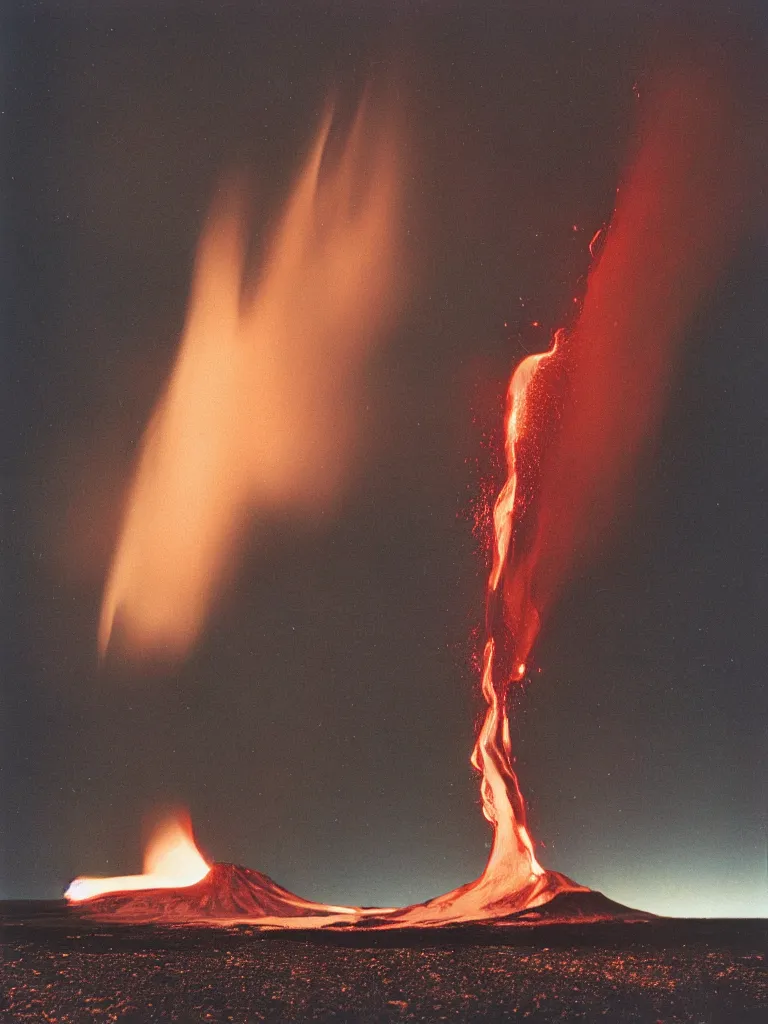 Image similar to An Icelandic Volcano violently spewing a rocket of lava into space, dark background, photograph by William Eggleston