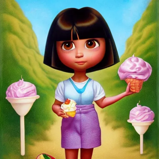 Image similar to dora the explorer as real girl holding ice cream, in lowbrow style, Pop Surrealism digital art by Mark Ryden and Todd Schorr, artstation