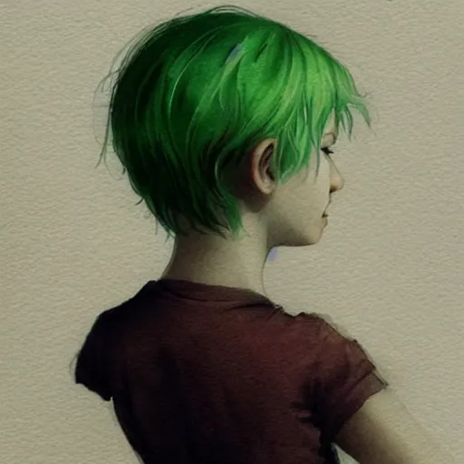 Image similar to child, young boy, green hair, short hair, happy, intricate, ethereal, highly detailed, sharp focus, artstation, watercolor, by charlie bowater and ross tran