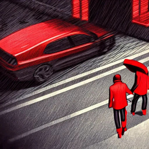 Image similar to isometric!!! view of a man with a red jacket from his behind. walking towards a red futuristic motorbike on a wide road. pencil drawing, photo realistic, hyper realistic, dramatic lighting, cyberpunk, ultra detailed, sharp focus, wide angle, digital illustration, trending on artstation