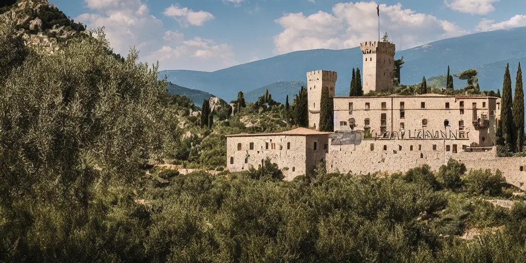 Image similar to an italian castle high on a mountain, sunny day, olive grove, high detail, 8 k, award winning, behance, by lorenzo lanfranconi