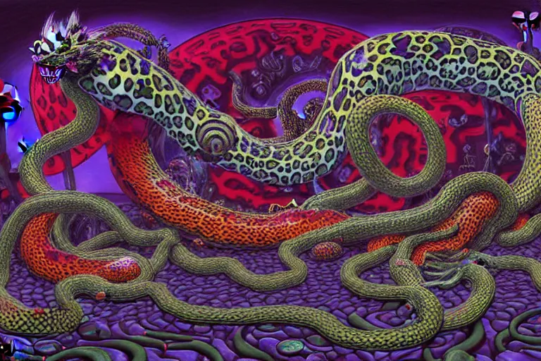 Image similar to a detailed digital art painting of a cyberpunk magick oni dragon with occult futuristic effigy of a beautiful field of mushrooms that is a adorable leopard atomic latent snakes in between ferret biomorphic molecular hallucinations in the style of escher, alex grey, stephen gammell inspired by realism, symbolism, magical realism and dark fantasy, crisp,