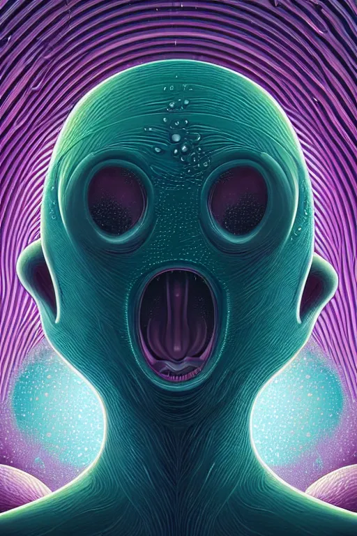 Prompt: art deco close up portait of mushroom head with big mouth surrounded by spheres, rain like a dream digital painting curvalinear clothing cinematic dramatic fluid lines otherworldly vaporwave interesting details epic composition by artgerm