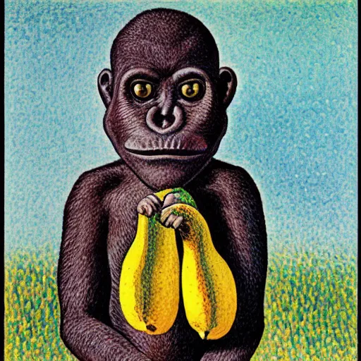Prompt: photorealistic australopithecus holding a banana in modern - day france. by paul signac