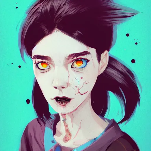 Image similar to Highly detailed portrait of a punk zombie young lady by Atey Ghailan, by Loish, by Bryan Lee O'Malley, by Cliff Chiang, ((dark blue moody background))