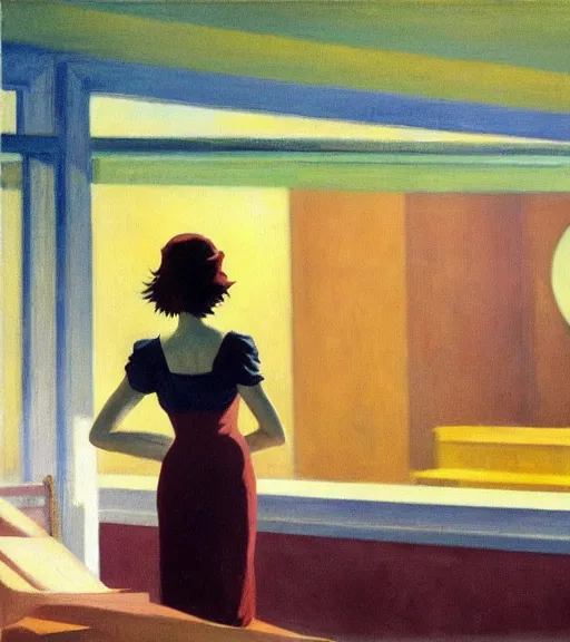 Prompt: edward hopper painting of an anime woman