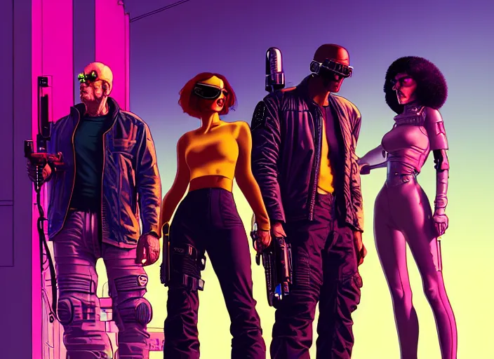 Image similar to cyberpunk heist crew. portrait by stonehouse and mœbius and will eisner and gil elvgren and pixar. character design. realistic proportions. cyberpunk 2 0 7 7 character art, blade runner 2 0 4 9 concept art. cel shading. attractive face. thick lines. the team. diverse characters. shadowrun. artstationhq.