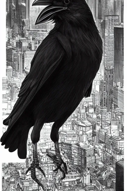 Image similar to portrait raven bird by yusuke murata and masakazu katsura, artstation, highly - detailed, cgsociety, artstation, pencil and ink, fighting pose, city in the background, dark colors, detailed face