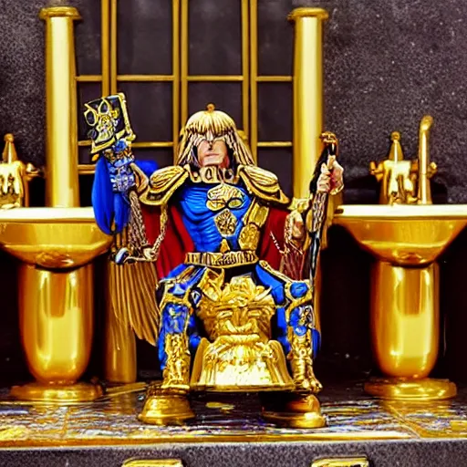 Prompt: The emperor of mankind is sitting on a golden toilet bowl