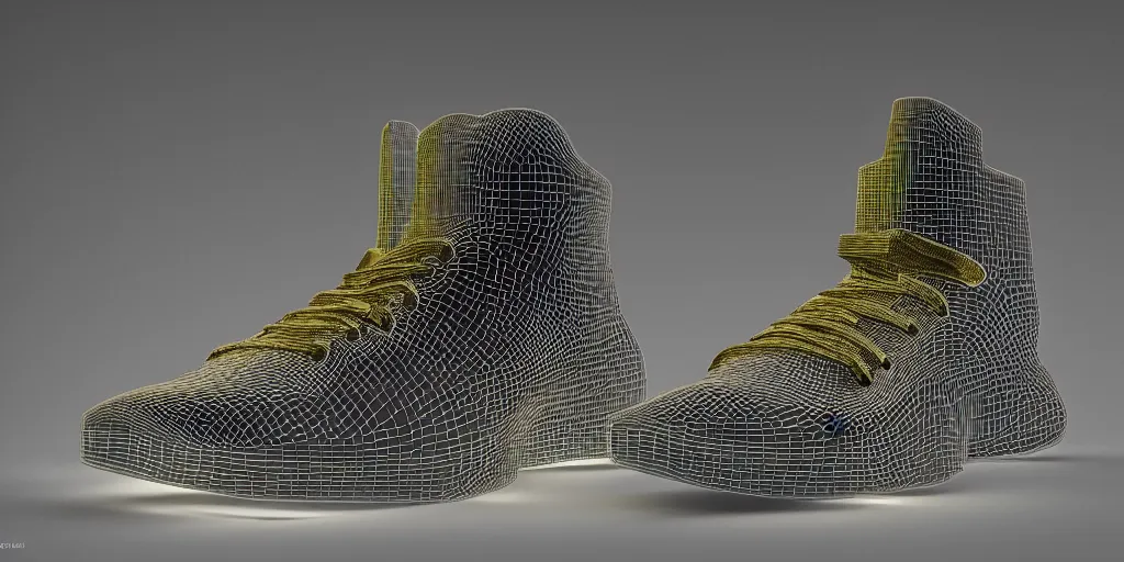 Image similar to one wire mesh high - top sneaker with neon illuminated soles on a grey surface, clean 3 d render, beautiful studio lighting, soft, sharp focus, cyberpunk, intricate detail, gold filigree, art by iris van herpen and syd mead and rodin