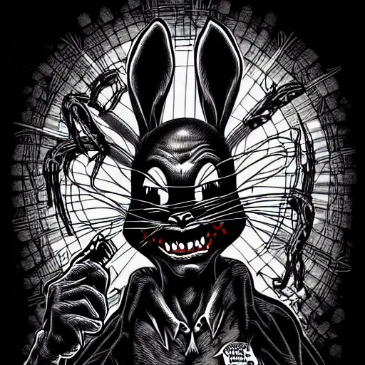 Image similar to demonic bugs bunny, epic, creepy, scary, moody, highly detailed, gorgeous, stunning, full colour digital art by Todd McFarlane