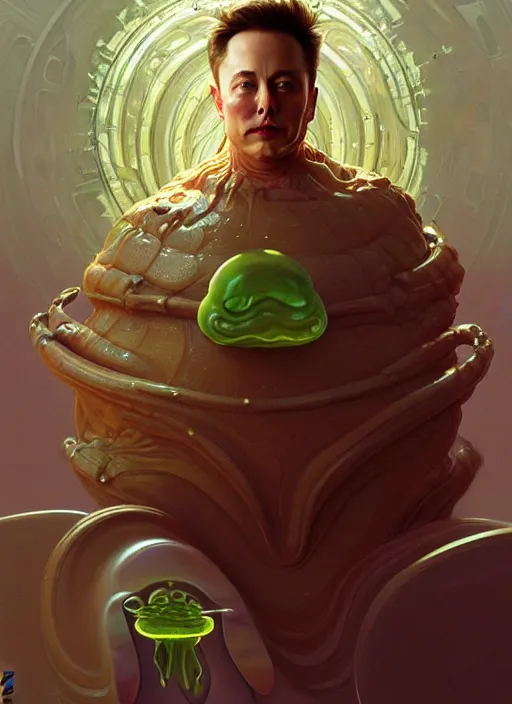 Image similar to elon musk as mollusk, slime, drool, portrait, intricate, elegant, highly detailed, digital painting, artstation, concept art, wallpaper, smooth, sharp focus, illustration, art by artgerm and greg rutkowski and alphonse mucha