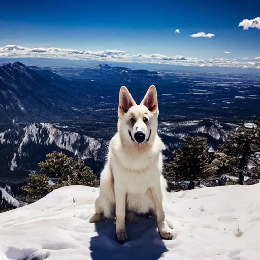 Image similar to a white german shepherd on a mountain top