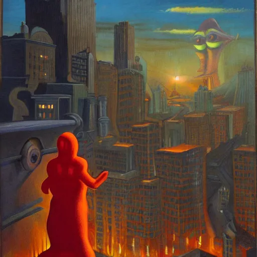 Prompt: by ernie barnes, by nicolas mignard flickr, cinnabar cosy, rigorous. a beautiful painting of a large, orange monster looming over a cityscape. the monster has several eyes & mouths, & its body is covered in spikes. it seems to be coming towards the viewer, who is looking up at it in fear.