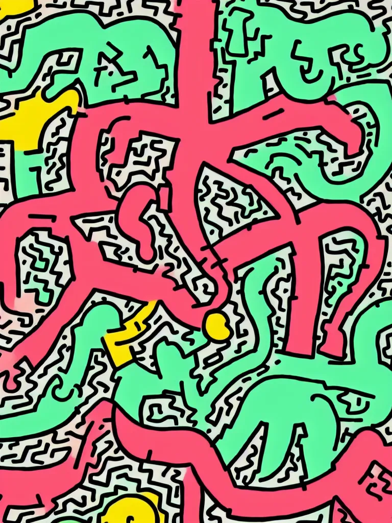 Image similar to minimal keith haring art of acorn that turns into a tree in the shape of a treble clef, a big rip down the middle, splashes of color, inspirational and powerful