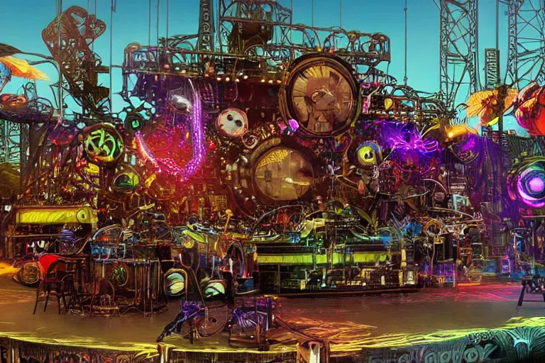 Image similar to an outdoor festival stage with audience, on stage is a rockband with 3 steampunk robots with guitars and drums, center of the stage is a big futuristic steampunk generator with gears and belts and tubes, laser show, 8 k, fluorescent colors, halluzinogenic, multicolored, exaggerated detailed, unreal engine