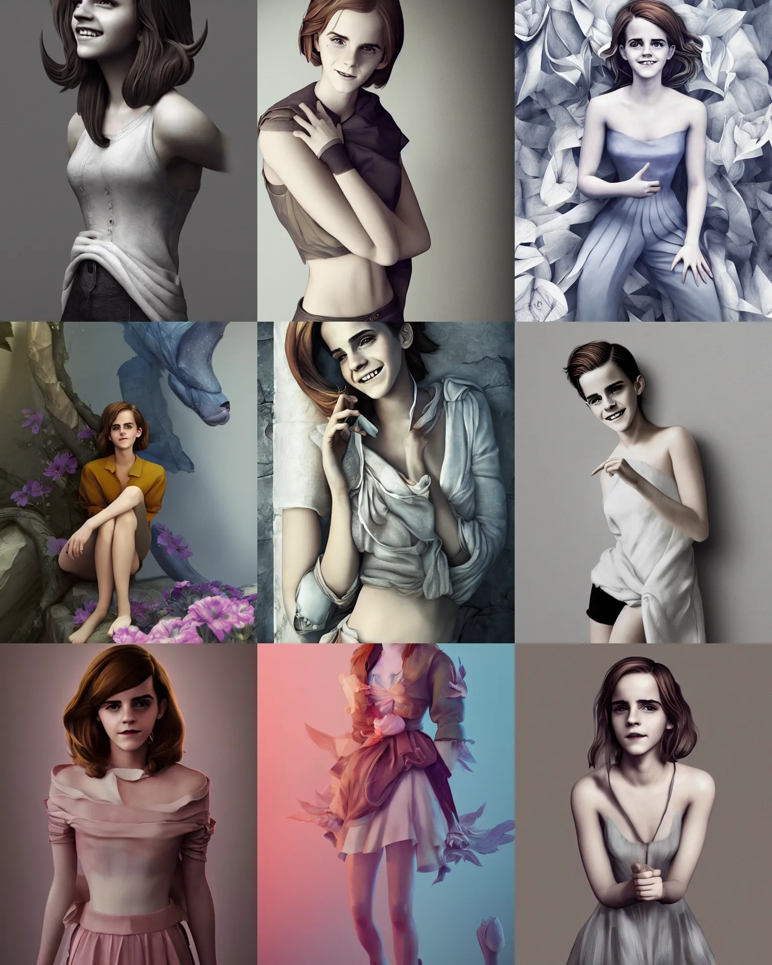 Prompt: beautiful full body Emma Watson smiling, photograph by Cecil Beaton, lois van baarle, loish and ross tran and rossdraws, 3D unreal 5, DAZ, hyperrealistic, octane render