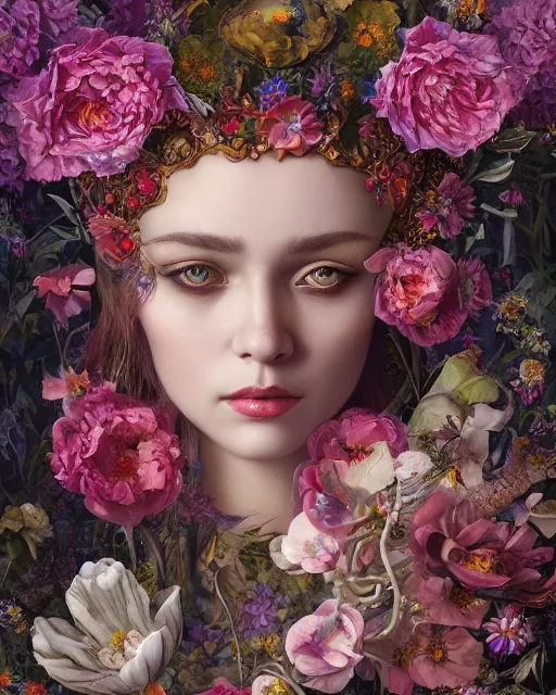 Image similar to portrait of the ukrainian queen of the underworld, surrounded by flowers by karol bak, james jean, tom bagshaw, rococo, sharp focus, trending on artstation, cinematic lighting, hyper realism, octane render, 8 k, hyper detailed.