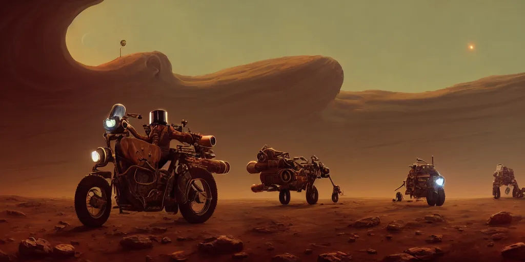 Image similar to american astronaut driving a motorcycle in mars, tribe members chasing, action scene, an epic fantasy, dramatic lighting, cinematic, establishing shot, extremely high detail, photorealistic, cinematic lighting, artstation, octane render, by simon stalenhag, horizon forbidden west