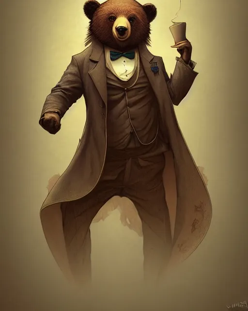 Image similar to anthropomorphic art of a detective bear, victorian inspired clothing by artgerm, victo ngai, ryohei hase, artstation. fractal papersand books. highly detailed digital painting, smooth, global illumination, fantasy art by greg rutkowsky, karl spitzweg