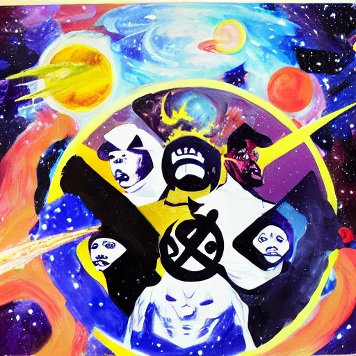 Image similar to a messy painting of the Wu-Tang Clan in space