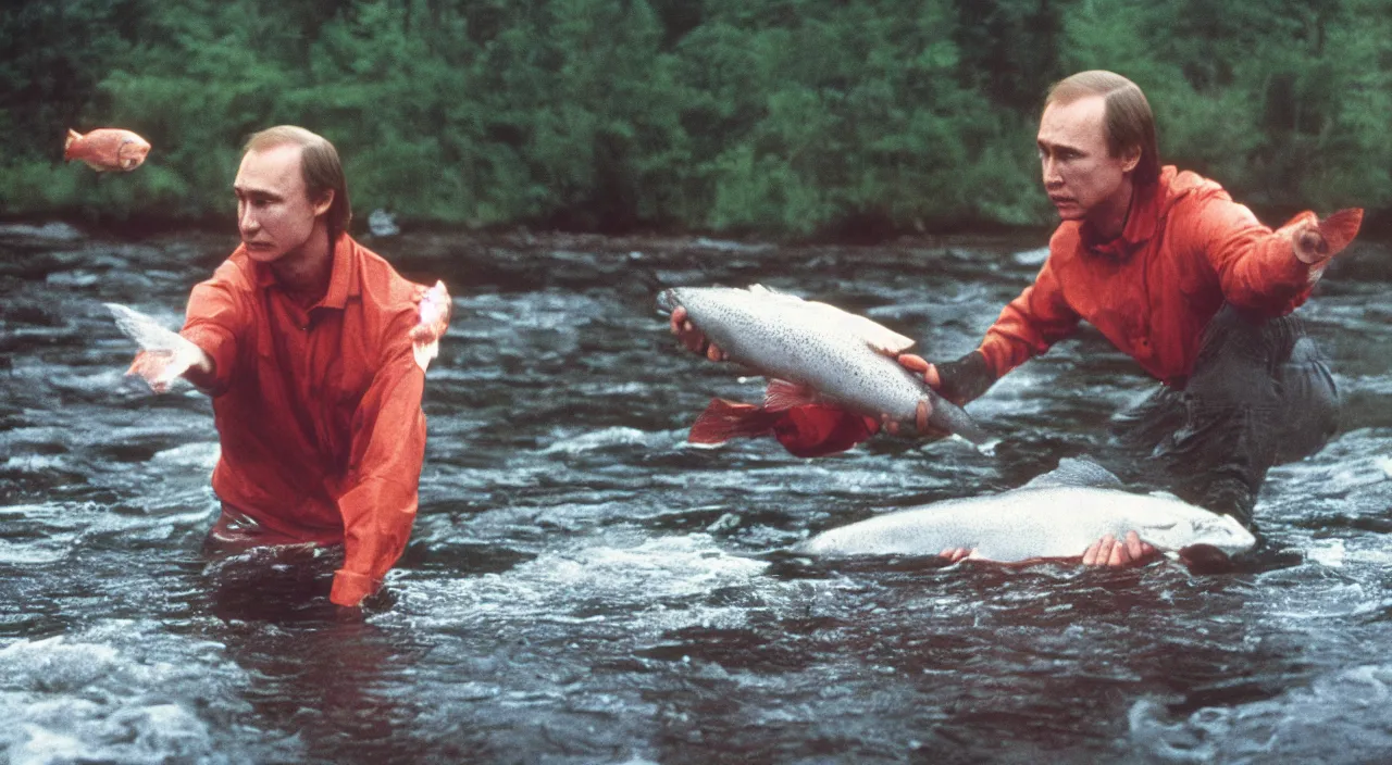 Image similar to 7 0 s movie still of putin catching a salmon with his hands, cinestill 8 0 0 t _ 3 5 mm eastmancolor, heavy grain, high quality, high detail