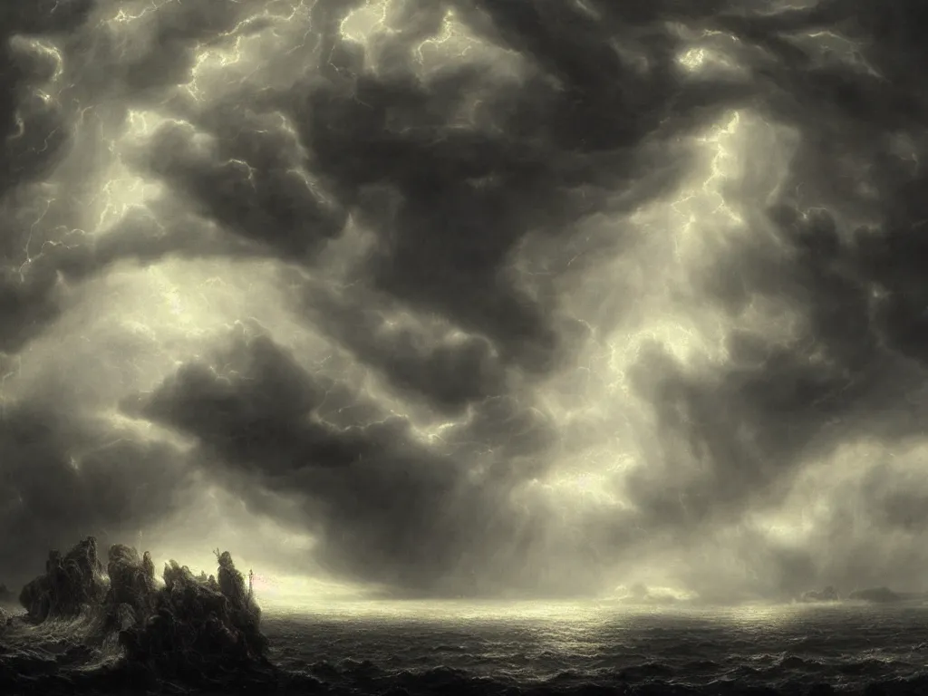 Prompt: very detailed, dark super storm, hyper realistic clouds, impressive, magical, very atmospheric, fog, cinematic, deep, very high complexity, stunning, dramatic masterpiece, iridescent, chiaroscuro, by gustave dore, caspar david friedrich, ian miller, very detailed. 4 k