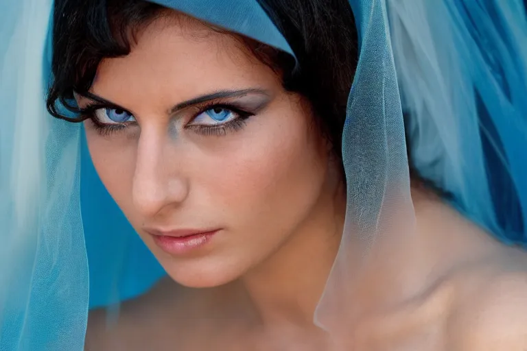 Prompt: Arab young Monica Belluci, tanned, bright blue eyes, white transparent veil, glare face, light blue dress portrait